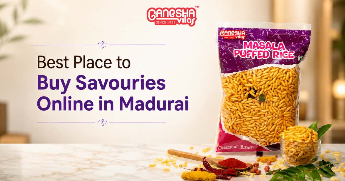 Buy savouries online in Madurai with fresh traditional South Indian snacks including murukku, mixture, kara sev, and crispy homemade savouries.
